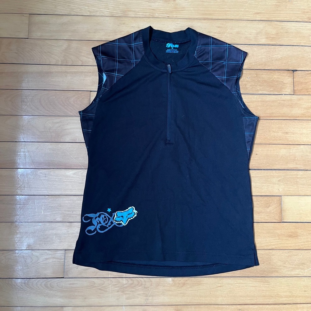 Fox Racing Mens Sleeveless Cycling Jersey Black Teal Plaid Quarter Zip Medium